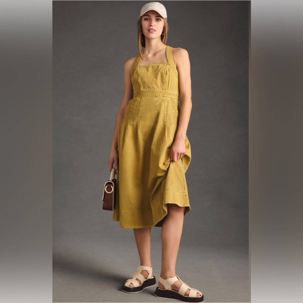NWT Anthropologie Gold Pilcro Cross-Back Apron Pleated Dress Size 12